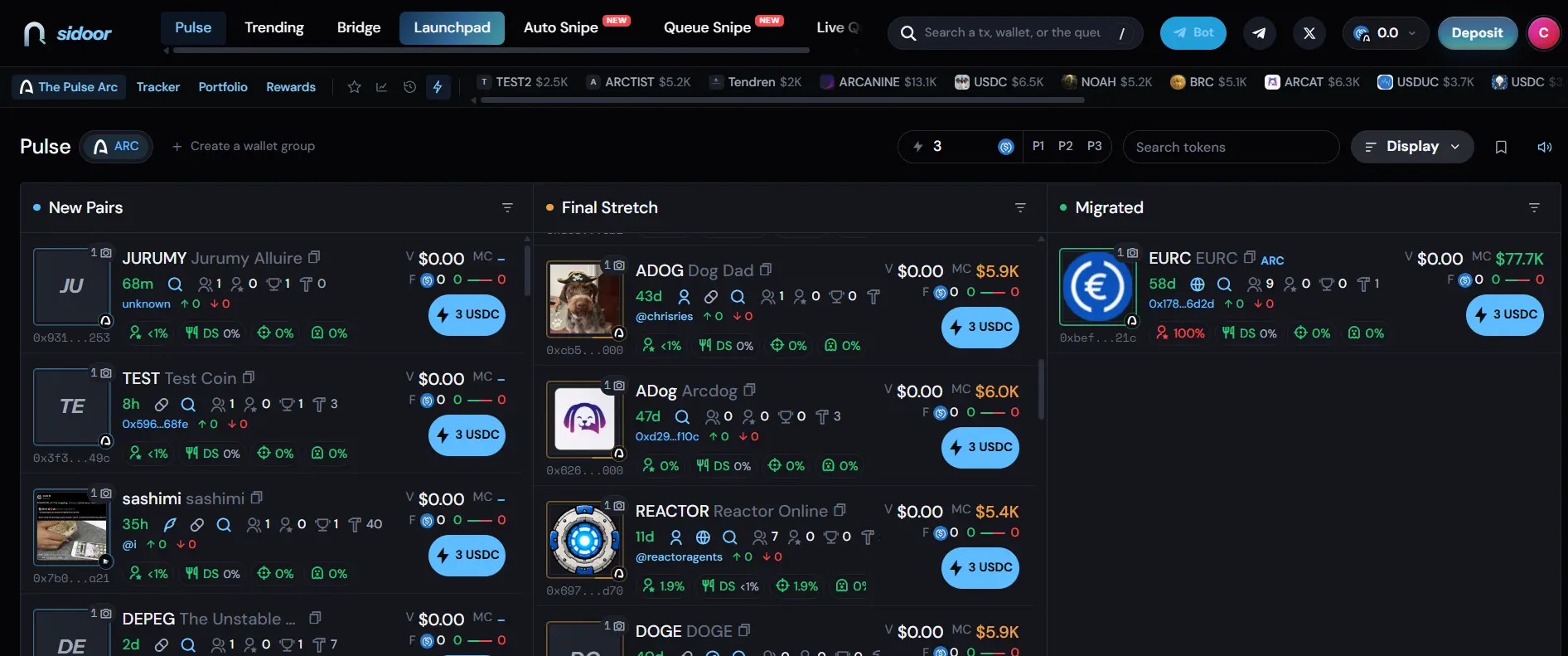 Sidoor Pulse feed showing new ARC memecoins