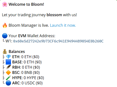 Bloom EVM sniper bot trading interface for Arc chain