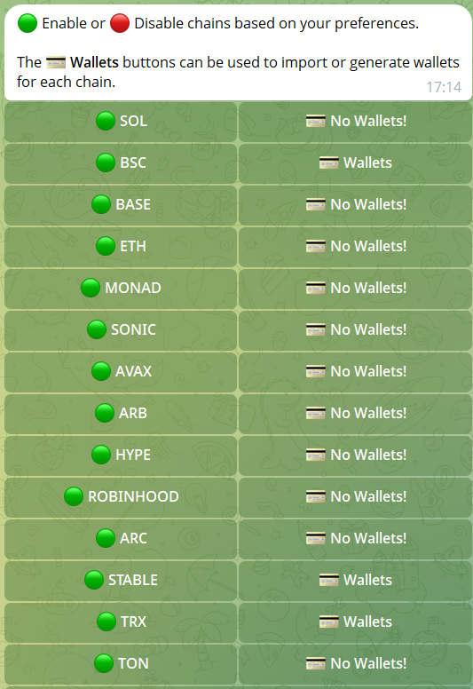Maestro bot chain menu showing Arc among 14 supported networks
